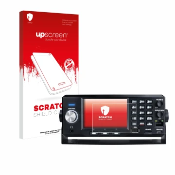 Vorderseite einer Produktverpackung mit dem Markenlogo upscreen. Daneben ist das Gerät Uniden SDS200E mit dem zugehörigen Disp