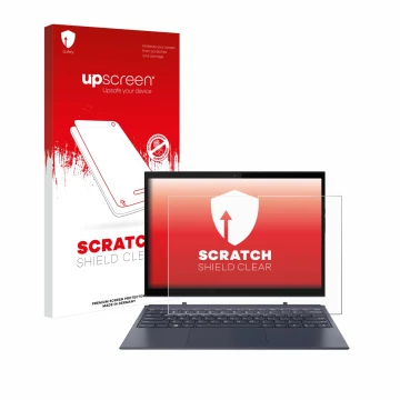 Vorderseite einer Produktverpackung mit dem Markenlogo upscreen. Daneben ist das Gerät Lenovo Yoga Duet 7 mit dem zugehörigen 