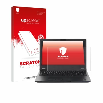 Vorderseite einer Produktverpackung mit dem Markenlogo upscreen. Daneben ist das Gerät Fujitsu Lifebook E5510 mit dem zugehöri