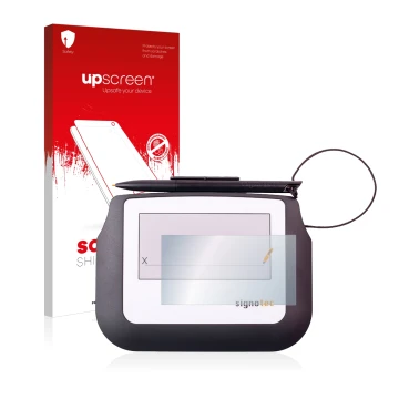 Vorderseite einer Produktverpackung mit dem Markenlogo upscreen. Daneben ist das Gerät Signotec Signature Sigma Lite mit dem z