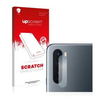 Vorderseite einer Produktverpackung mit dem Markenlogo upscreen. Daneben ist das Gerät OnePlus Nord (NUR Kameraschutz) mit dem