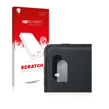 Vorderseite einer Produktverpackung mit dem Markenlogo upscreen. Daneben ist das Gerät Samsung Galaxy XCover Pro (NUR Kamerasc