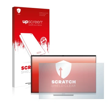 Vorderseite einer Produktverpackung mit dem Markenlogo upscreen. Daneben ist das Gerät Acer Aspire C24-963 mit dem zugehörigen