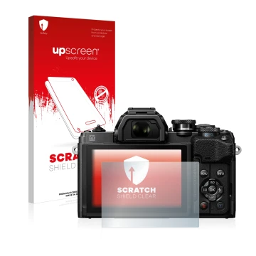 Vorderseite einer Produktverpackung mit dem Markenlogo upscreen. Daneben ist das Gerät Olympus OM-D E-M10 Mark IV mit dem zuge