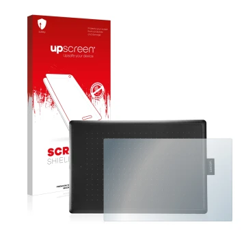 Vorderseite einer Produktverpackung mit dem Markenlogo upscreen. Daneben ist das Gerät Wacom One Medium mit dem zugehörigen Di