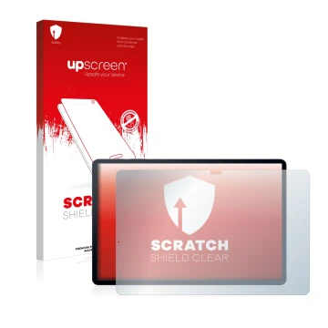 Vorderseite einer Produktverpackung mit dem Markenlogo upscreen. Daneben ist das Gerät Samsung Galaxy Tab S7 Plus 5G 2020 mit 