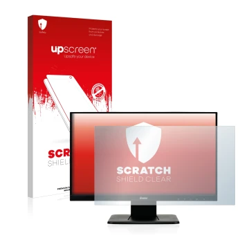 Vorderseite einer Produktverpackung mit dem Markenlogo upscreen. Daneben ist das Gerät Iiyama ProLite T2252MSC-B1 mit dem zuge