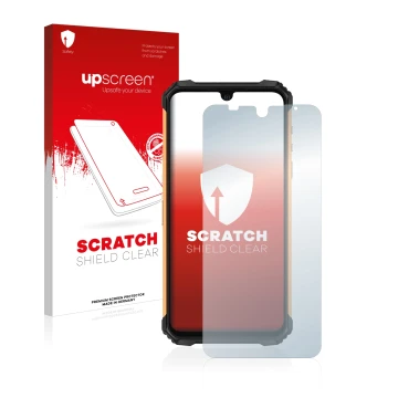 Vorderseite einer Produktverpackung mit dem Markenlogo upscreen. Daneben ist das Gerät Ulefone Armor 8 mit dem zugehörigen Dis