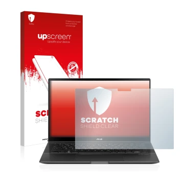 Vorderseite einer Produktverpackung mit dem Markenlogo upscreen. Daneben ist das Gerät ASUS ZenBook Flip 14 UX463FA mit dem zu