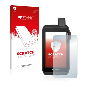 Vorderseite einer Produktverpackung mit dem Markenlogo upscreen. Daneben ist das Gerät Garmin Montana 750i mit dem zugehörigen