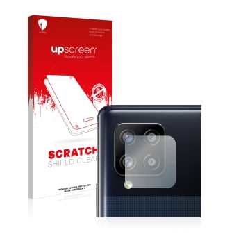 Vorderseite einer Produktverpackung mit dem Markenlogo upscreen. Daneben ist das Gerät Samsung Galaxy A42 5G (NUR Kameraschutz