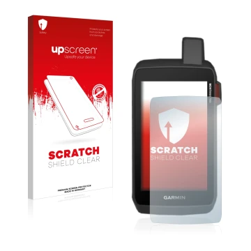 Vorderseite einer Produktverpackung mit dem Markenlogo upscreen. Daneben ist das Gerät Garmin Montana 700i mit dem zugehörigen