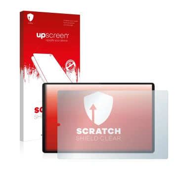 Vorderseite einer Produktverpackung mit dem Markenlogo upscreen. Daneben ist das Gerät Lenovo Tab M10 FHD Plus (im Querformat)
