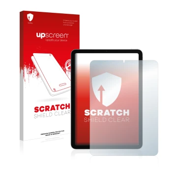 Vorderseite einer Produktverpackung mit dem Markenlogo upscreen. Daneben ist das Gerät Apple iPad Air 4 2020 (4. Gen.) mit dem