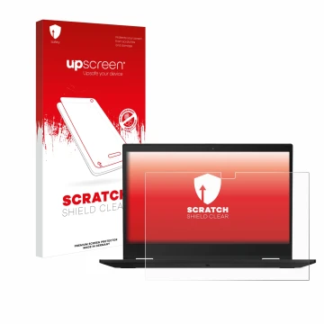 Vorderseite einer Produktverpackung mit dem Markenlogo upscreen. Daneben ist das Gerät Lenovo ThinkPad X13 Yoga Gen 1 mit dem 