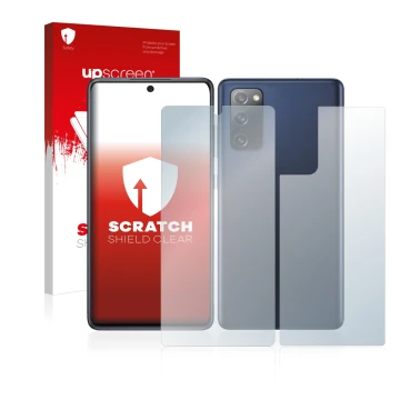 Vorderseite einer Produktverpackung mit dem Markenlogo upscreen. Daneben ist das Gerät Samsung Galaxy S20 FE 5G (Display+Rücks