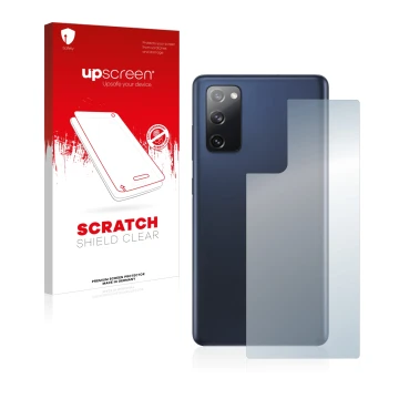 Vorderseite einer Produktverpackung mit dem Markenlogo upscreen. Daneben ist das Gerät Samsung Galaxy S20 FE 5G (Rückseite) mi