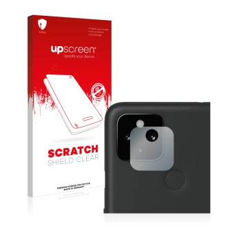 Vorderseite einer Produktverpackung mit dem Markenlogo upscreen. Daneben ist das Gerät Google Pixel 4a 5G (NUR Kameraschutz) m