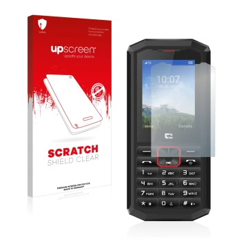 Vorderseite einer Produktverpackung mit dem Markenlogo upscreen. Daneben ist das Gerät Crosscall Spider X5 mit dem zugehörigen