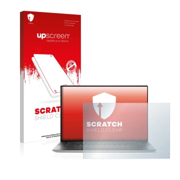 Vorderseite einer Produktverpackung mit dem Markenlogo upscreen. Daneben ist das Gerät Dell XPS 15 9500 mit dem zugehörigen Di