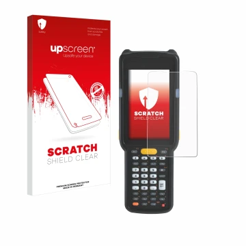 Vorderseite einer Produktverpackung mit dem Markenlogo upscreen. Daneben ist das Gerät Zebra MC330L mit dem zugehörigen Displa