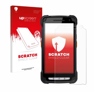 Vorderseite einer Produktverpackung mit dem Markenlogo upscreen. Daneben ist das Gerät Point Mobile PM90 mit dem zugehörigen D