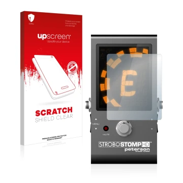 Vorderseite einer Produktverpackung mit dem Markenlogo upscreen. Daneben ist das Gerät Peterson Strobostomp HD mit dem zugehör