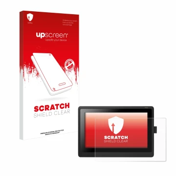 Vorderseite einer Produktverpackung mit dem Markenlogo upscreen. Daneben ist das Gerät Wacom Cintiq 16 mit dem zugehörigen Dis