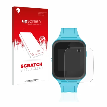 Vorderseite einer Produktverpackung mit dem Markenlogo upscreen. Daneben ist das Gerät TCL Movetime FamilyWatch Kids MT40X mit