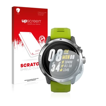 Vorderseite einer Produktverpackung mit dem Markenlogo upscreen. Daneben ist das Gerät Coros Apex Pro mit dem zugehörigen Disp