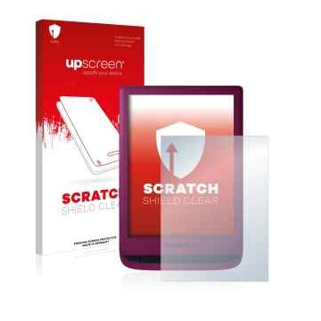 Vorderseite einer Produktverpackung mit dem Markenlogo upscreen. Daneben ist das Gerät PocketBook Touch Lux 5 mit dem zugehöri