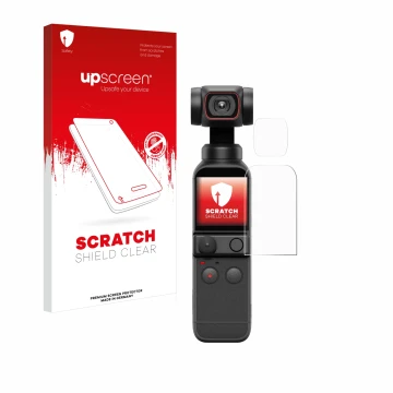 Vorderseite einer Produktverpackung mit dem Markenlogo upscreen. Daneben ist das Gerät DJI Osmo Pocket 2 (Display + Linse) mit