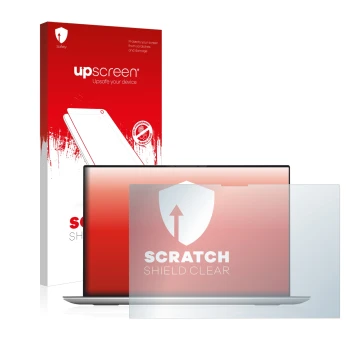 Vorderseite einer Produktverpackung mit dem Markenlogo upscreen. Daneben ist das Gerät Dell XPS 17 9700 touch mit dem zugehöri