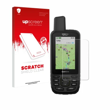 Vorderseite einer Produktverpackung mit dem Markenlogo upscreen. Daneben ist das Gerät Garmin GPSMAP 66sr mit dem zugehörigen 