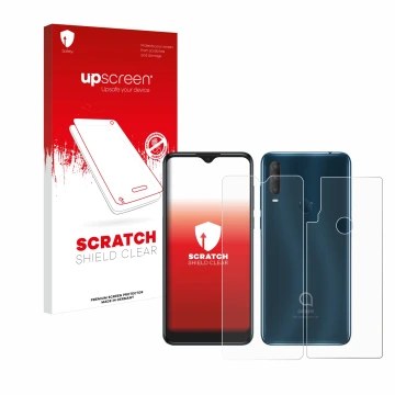 Vorderseite einer Produktverpackung mit dem Markenlogo upscreen. Daneben ist das Gerät Alcatel 1S 2020 (Display+Rückseite) mit