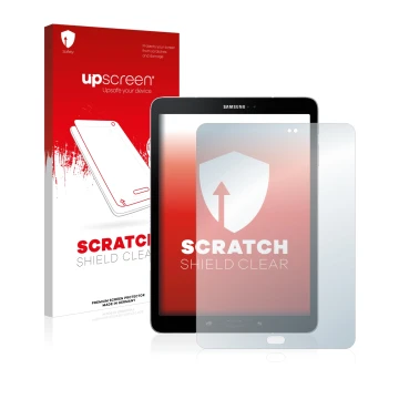 Vorderseite einer Produktverpackung mit dem Markenlogo upscreen. Daneben ist das Gerät Samsung Galaxy Tab S3 mit dem zugehörig