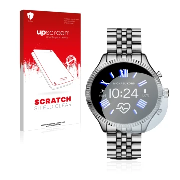 Vorderseite einer Produktverpackung mit dem Markenlogo upscreen. Daneben ist das Gerät Michael Kors Access Gen 5 Lexington mit