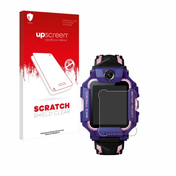 Vorderseite einer Produktverpackung mit dem Markenlogo upscreen. Daneben ist das Gerät Imoo Watch Phone Z6 mit dem zugehörigen