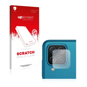 Vorderseite einer Produktverpackung mit dem Markenlogo upscreen. Daneben ist das Gerät Samsung Galaxy A12 (NUR Kameraschutz) m