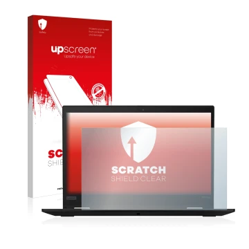Vorderseite einer Produktverpackung mit dem Markenlogo upscreen. Daneben ist das Gerät Lenovo ThinkPad X13 Gen 1 mit dem zugeh