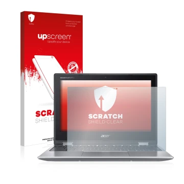 Vorderseite einer Produktverpackung mit dem Markenlogo upscreen. Daneben ist das Gerät Acer Chromebook Spin 311 mit dem zugehö