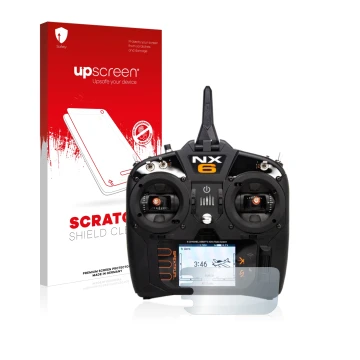 Vorderseite einer Produktverpackung mit dem Markenlogo upscreen. Daneben ist das Gerät Spektrum NX6 mit dem zugehörigen Displa
