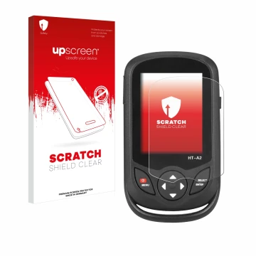 Vorderseite einer Produktverpackung mit dem Markenlogo upscreen. Daneben ist das Gerät Hti HT A2 mit dem zugehörigen Displaysc