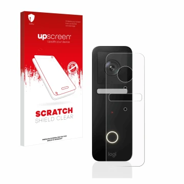 Vorderseite einer Produktverpackung mit dem Markenlogo upscreen. Daneben ist das Gerät Logitech Circle View Doorbell mit dem z