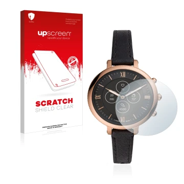 Vorderseite einer Produktverpackung mit dem Markenlogo upscreen. Daneben ist das Gerät Fossil Monroe Hybrid HR mit dem zugehör