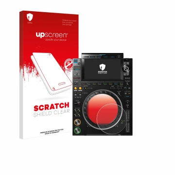 Vorderseite einer Produktverpackung mit dem Markenlogo upscreen. Daneben ist das Gerät Pioneer CDJ 3000 (Kreis) mit dem zugehö