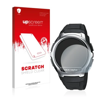 Vorderseite einer Produktverpackung mit dem Markenlogo upscreen. Daneben ist das Gerät Casio Wave Ceptor WV-58 mit dem zugehör