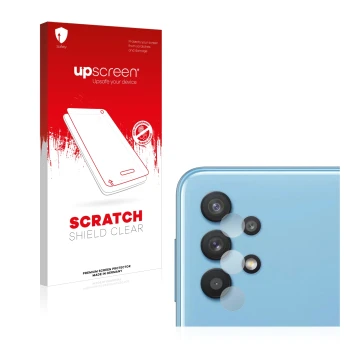Vorderseite einer Produktverpackung mit dem Markenlogo upscreen. Daneben ist das Gerät Samsung Galaxy A32 5G (NUR Kameraschutz