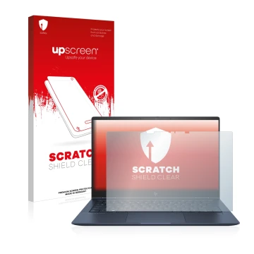 Vorderseite einer Produktverpackung mit dem Markenlogo upscreen. Daneben ist das Gerät HP Elite Dragonfly G2 mit dem zugehörig