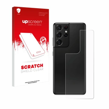 Vorderseite einer Produktverpackung mit dem Markenlogo upscreen. Daneben ist das Gerät Samsung Galaxy S21 Ultra 5G (Rückseite)